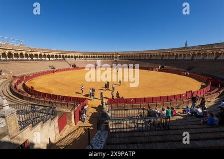 Siviglia, Spagna - 24 ottobre 2023 - Plaza de Toros de la Real Maestranza de Caballeria de Sevilla, arena di corrida, punto di riferimento della città. Foto Stock