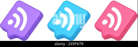 Pulsante di accesso Wi-Fi disponibile connessione Internet wireless che segnala icone realistiche in 3d viola blu e rosa. tr online globale rete Wi fi Illustrazione Vettoriale