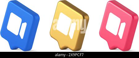 Scatto di foto e video con fotocamera creazione di contenuti multimediali pulsante blu 3d realistica icona blu oro e rosa. Panoramica dell'applicazione per la fotografia Illustrazione Vettoriale
