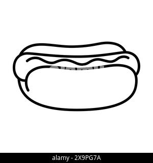 Icona linea hotdog disegnata a mano. Semplice scarabocchio hot dog bianco e nero, illustrazione vettoriale. Illustrazione Vettoriale