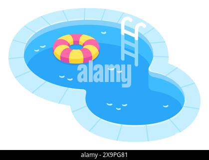 Piccola piscina esterna con illustrazione vettoriale in stile cartoni animati. Piscina per bambini con anello gonfiabile luminoso. Illustrazione Vettoriale