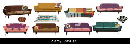 Set di divani moderni di diversi tipi e colori. Illustrazione Vettoriale
