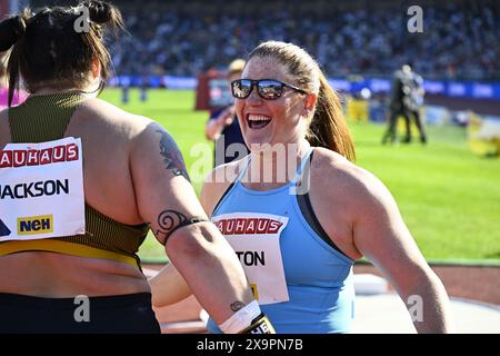 Stoccolma, Svezia. 2 giugno 2024. STOCCOLMA, SVEZIA 20240602 Sarah Mitton, Svizzera, durante il tiro femminile messo durante il Gala di atletica leggera del Bauhaus Diamond League allo stadio di Stoccolma, a Stoccolma, Svezia, 2 giugno 2024. Foto: Anders Wiklund/TT/codice 10040 credito: TT News Agency/Alamy Live News Foto Stock