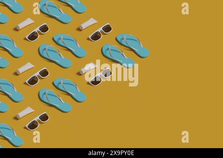 Infradito, occhiali da sole e protezione solare sullo sfondo. illustrazione 3d. Foto Stock