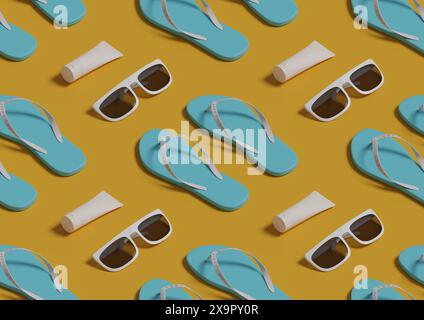 Modello senza cuciture di infradito, occhiali da sole e crema solare. illustrazione 3d. Foto Stock