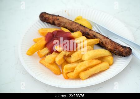 Patatine fritte con ketchup e salsiccia affumicata con senape su un piatto di carta con posate di plastica, fast food malsano, con un sacco di grassi, substo bruciato Foto Stock