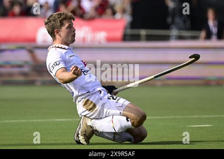 Anversa, Belgio. 2 giugno 2024. Il belga Victor Wegnez festeggia durante una partita di hockey tra la nazionale belga dei Red Lions e l'Australia, la partita 12/16 nella fase a gironi della FIH Pro League maschile 2024, domenica 2 giugno 2024, ad Anversa. BELGA FOTO DIRK WAEM credito: Belga News Agency/Alamy Live News Foto Stock