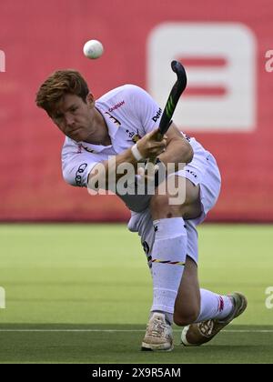Anversa, Belgio. 2 giugno 2024. Il belga Gauthier Boccard è stato raffigurato in azione durante una partita di hockey tra la nazionale belga dei Red Lions e l'Australia, partita 12/16 nella fase a gironi della FIH Pro League maschile 2024, domenica 2 giugno 2024, ad Anversa. BELGA FOTO DIRK WAEM credito: Belga News Agency/Alamy Live News Foto Stock