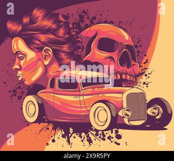 illustrazione vewctor di auto hot rod con donna e cranio Illustrazione Vettoriale
