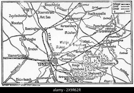 Mappa dei campi di battaglia vicino a Ypres nella prima guerra mondiale. Dalla campagna britannica in Francia e nelle Fiandre di Arthur Conan Doyle, 1915. Foto Stock