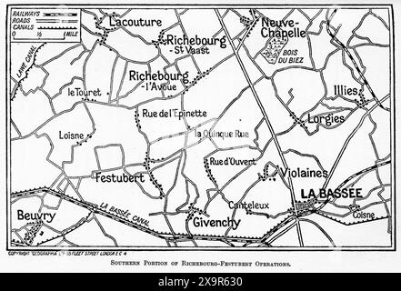 Mappa della parte meridionale delle operazioni Richebourg-Festubert durante la prima guerra mondiale. Dalla campagna britannica in Francia e nelle Fiandre di Arthur Conan Doyle, 1915. Foto Stock