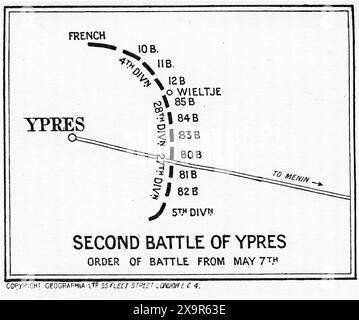 Mappa della seconda battaglia di Ypres in Francia durante la prima guerra mondiale. Dalla campagna britannica in Francia e nelle Fiandre di Arthur Conan Doyle, 1915. Foto Stock