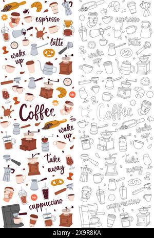 Elementi del caffè in striscione verticale. Fagioli, bevande, tazze, pentola, pacchetto, macinacaffè, filtro, macchina, portafiltro, bollitore. Illustrazione vettoriale. Illustrazione Vettoriale