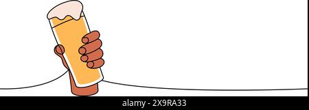Mano che regge una tazza di birra una linea colorata, disegno continuo. Illustrazione continua di una riga dei prodotti da pub della birra. Illustrazione lineare vettoriale. Illustrazione Vettoriale