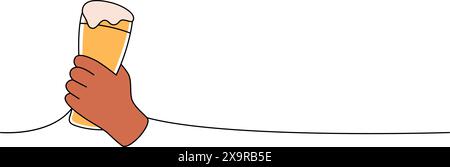 Mano che regge un bicchiere da birra una linea colorata, disegno continuo. Illustrazione continua di una riga dei prodotti da pub della birra. Illustrazione lineare vettoriale. Illustrazione Vettoriale