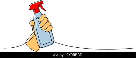 Mano con spray antibatterico disegno continuo a una linea colorata. Illustrazione continua della pulizia degli attrezzi di manutenzione su una riga. Illustrazione vettoriale. Illustrazione Vettoriale