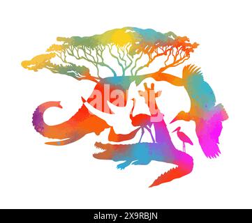 Poster di benvenuto in Africa. Africa abstract animali colorati silhouette. disegno a mano. Non ai, illustrazione vettoriale Illustrazione Vettoriale