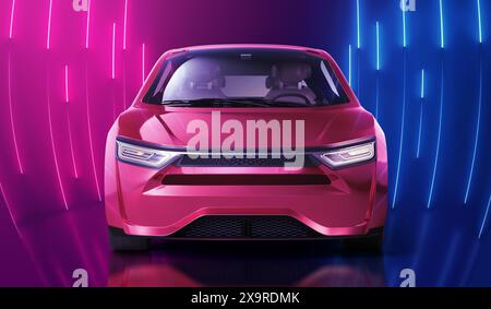 Modello generico per la vista frontale di auto elettriche senza marchio visualizzazione al neon 3d. Foto Stock