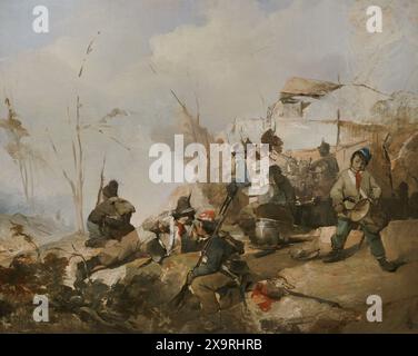 Difesa della Repubblica Romana nel 1849. "Bivacco di volontari", 1849. Dipinto di Gerolamo Induno (1825-1890). Raffigura soldati dell'esercito di Garibaldi in un bivacco durante la difesa di Roma. Olio su tela. Museo del Risorgimento. Milano. Italia. Autore: Gerolamo Induno (1825-1890). Pittore italiano. Foto Stock