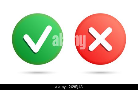 Icone con segno di spunta verde e croce rossa, isolate su sfondo bianco, che simboleggiano l'approvazione e la disapprovazione, insieme di vettori. Illustrazione Vettoriale