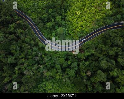 Una strada sinuosa che attraversa la foresta pluviale atlantica del Brasile orientale vicino al Parque Estadual Caverna do Diabo Foto Stock
