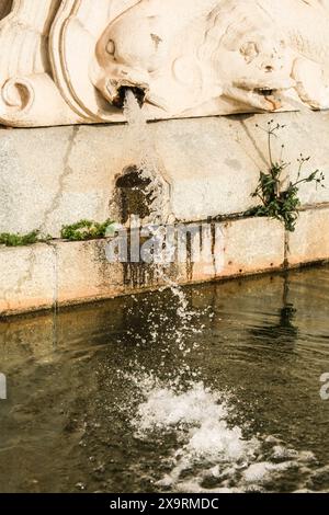 Dettagli architettonici di Fuente de la Concha nel Giardino Parterre della città di Madrid Foto Stock