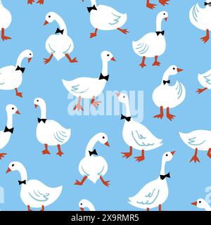 Design carino con oche bianche da gentiluomini con lacci in pose divertenti per il prodotto per bambini. Texture vettoriale per biancheria da letto per bambini, tessuto, carta da parati, carta da rivestimento Illustrazione Vettoriale