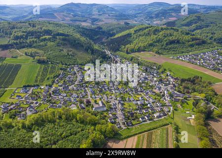 Vista aerea, paesaggio collinare boscoso, montagne e valli, area residenziale, vista del quartiere Ostwig, Bestwig, Sauerland, Renania settentrionale-Vestfalia, Ger Foto Stock