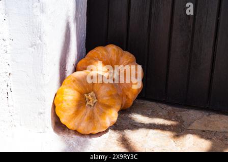 Due grandi zucche arancioni nell'angolo vicino alla porta d'ingresso sul portico della casa Foto Stock