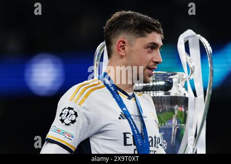 Fede Valverde durante la finale di Champions League 2024 tra Borussia Dortmund e Real Madrid (Maciej Rogowski) Foto Stock