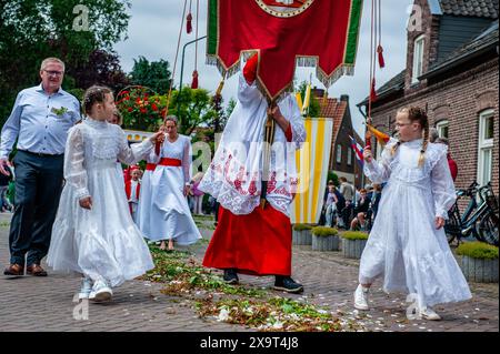 Un uomo detiene una grande bandiera religiosa durante la "Boxmeerse Vaart", l'antica processione del Sacro sangue. La "Boxmeerse Vaart" è un'antica processione del Sacro sangue. La tradizione dice che un sacerdote dubitava della conversione del pane e del vino nel corpo e nel sangue di Cristo. Migliaia di persone hanno partecipato alla processione, una tradizione per quasi 625 anni. Il sangue soffiava sul calice e una goccia rimase sul caporale (panno bianco) dopo che il sacerdote riconobbe il suo errore. Questo tessuto è stato conservato e conservato nel reliquiario d'argento ed è portato lungo nel Boxmeerse Vaart. Foto Stock