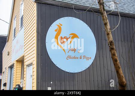 Cartello Jay's Chicken & Pizza nel centro di Sydney, nuova Scozia, Canada Foto Stock