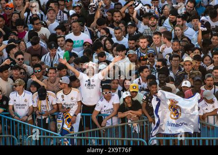 Madrid, Spagna. 2 giugno 2024. I tifosi del Real Madrid festeggiano in piazza Cibeles durante la parata del Real Madrid UEFA Champions League Trophy. Il Real Madrid ha vinto la sua quindicesima UEFA Champions League Cup dopo aver sconfitto il Borussia Dortmund 2-0 nella finale di Champions League allo stadio di Londra Wembley. Crediti: Marcos del Mazo/Alamy Live News Foto Stock