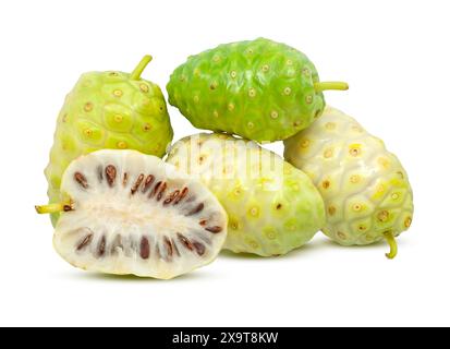 Singolo oggetto fresco di frutti Noni o Morinda isolato su fondo bianco Foto Stock