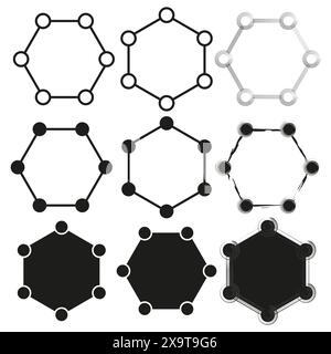 Una collezione di telai per reti esagonali in bianco e nero. Include vari stili e ripetizioni. Design semplici e complessi. Impostare su uno sfondo bianco. Illustrazione Vettoriale