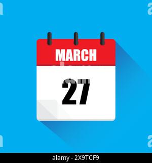 Icona del calendario di marzo. Data 27 evidenziata. Colori rosso e bianco. Illustrazione vettoriale. Illustrazione Vettoriale