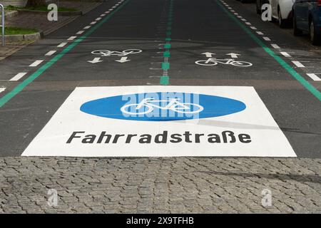 Pista ciclabile, Fahrradstraße nel centro di Berlino-Mitte. I ciclisti hanno la priorità sugli automobilisti sulle piste ciclabili. Foto Stock
