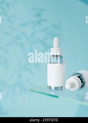 Flaconi cosmetici per siero su un piedistallo in vetro su sfondo blu. Flacone per siero contagocce trasparente per la cura del viso con mockup con etichetta bianca. rendering 3d, 3d. Foto Stock