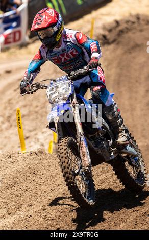 01 giugno 2024 Sacramento, CA USA Grant Harlan(23)in arrivo a saltare 19 durante il Pro Motocross Championship 450 HEAT # 1 a Hangtown Classic Sacramento, CA Thurman James/CSM Foto Stock