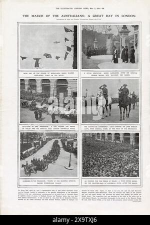 LA MARCIA DEGLI AUSTRALIANI: UNA GRANDE GIORNATA A LONDRA. ILLUSTRATED LONDON NEWS SABATO 3 MAGGIO 1919. Foto Stock