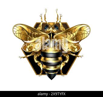 Ape brillante, dorata e dipinta artisticamente, con ali luccicanti in filigrana su sfondo bianco. Stile steampunk. Illustrazione Vettoriale