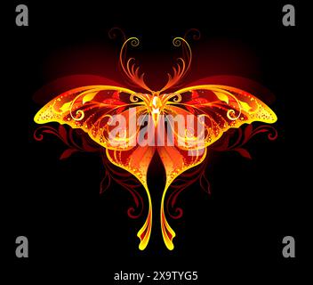 Farfalla lunare disegnata artisticamente con ali arancioni, brillanti, ardenti, testurizzate, con motivi geometrici su sfondo nero. Farfalla lunare fiammeggiante. Illustrazione Vettoriale