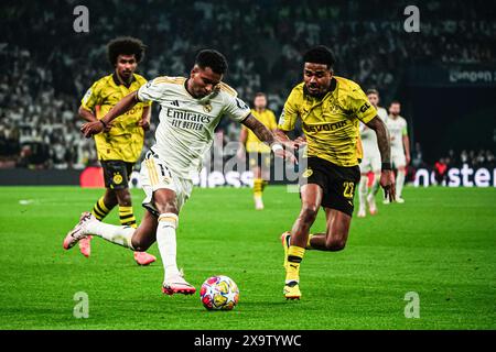 Rodrygo (Real Madrid, #11), Ian Maatsen (Borussia Dortmund, #22) IT, Borussia Dortmund vs. Real Madrid, Fussball, Champions League, finale, Saison 2023/2024, 01.06.2024 foto: Eibner-Pressefoto/Marcel von Fehrn Foto Stock