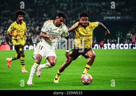 Rodrygo (Real Madrid, #11), Ian Maatsen (Borussia Dortmund, #22) IT, Borussia Dortmund vs. Real Madrid, Fussball, Champions League, finale, Saison 2023/2024, 01.06.2024 foto: Eibner-Pressefoto/Marcel von Fehrn Foto Stock