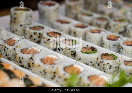 Sushis, pescaderia del Mercat de l Olivar, Palma, Maiorca, Isole Baleari, Spagna Foto Stock