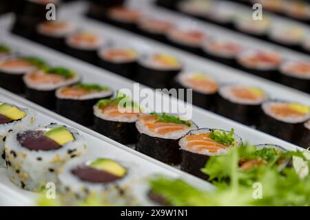 Sushis, pescaderia del Mercat de l Olivar, Palma, Maiorca, Isole Baleari, Spagna Foto Stock