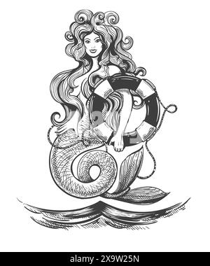 Sirena con tatuaggio stile vintage Life Buoy isolato su sfondo bianco. Illustrazione vettoriale. Non è stato utilizzato alcun software ai. Illustrazione Vettoriale