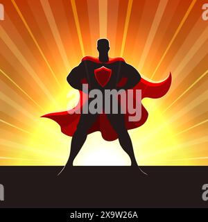 Superhero silhouette maschile in Red Cape in piedi in Rays of Light. Illustrazione vettoriale. Non è stato utilizzato alcun software ai. Illustrazione Vettoriale