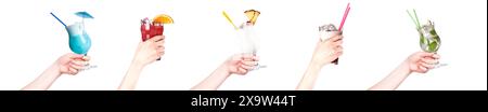 Set di mani con cocktail come birra, martini, bibite, champagne, whisky su sfondo bianco. Foto Stock