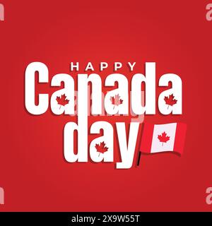 Happy Canada Day Creative Typography Concept con foglia d'acero e bandiera canadese su sfondo rosso. Modello Canada Day, banner, poster, biglietto d'auguri. Illustrazione Vettoriale